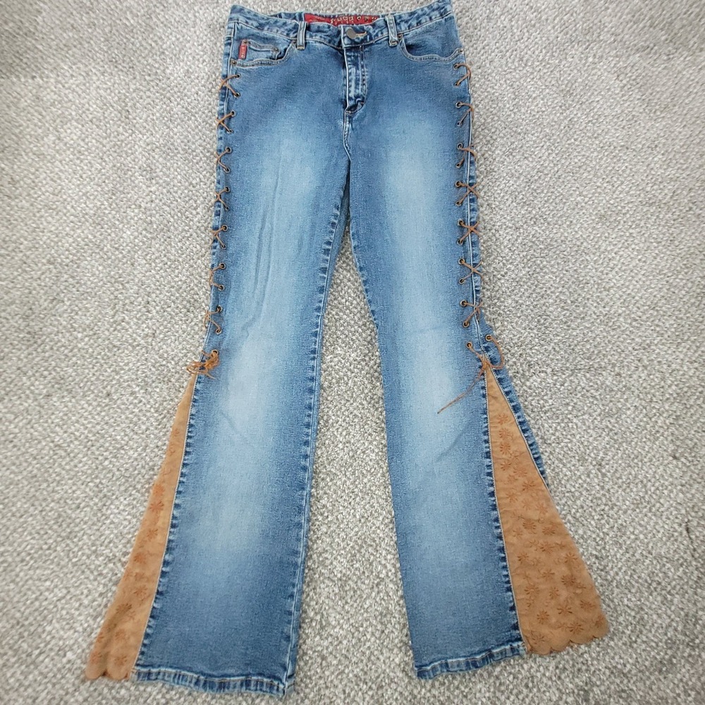 Vintage Mudd Flare Jeans Y2K Lace Up Side‎ Floral Embroidered Hem Youth Girl 16